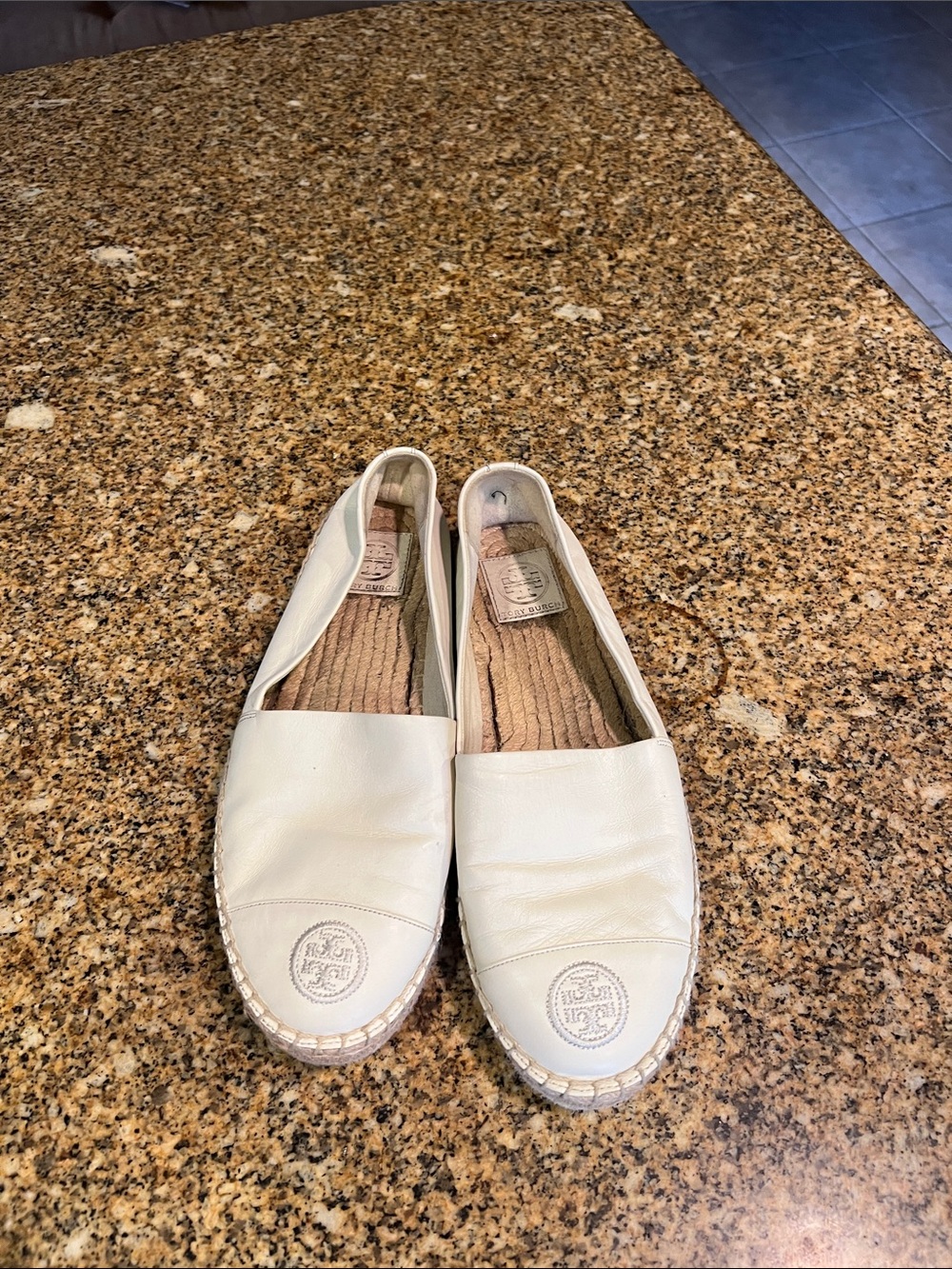 Tory Burch Cream Leather Espadrille Flats with Logo 9.5